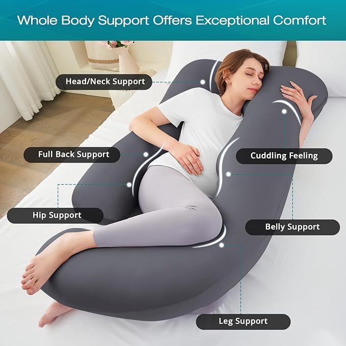 Pregnancy Pillows for Sleeping J-Shape Full Body Pillow and Maternity Support - for Back, HIPS, Legs, Belly for Pregnant Women with Removable Washable Velvet Cover (Grey)