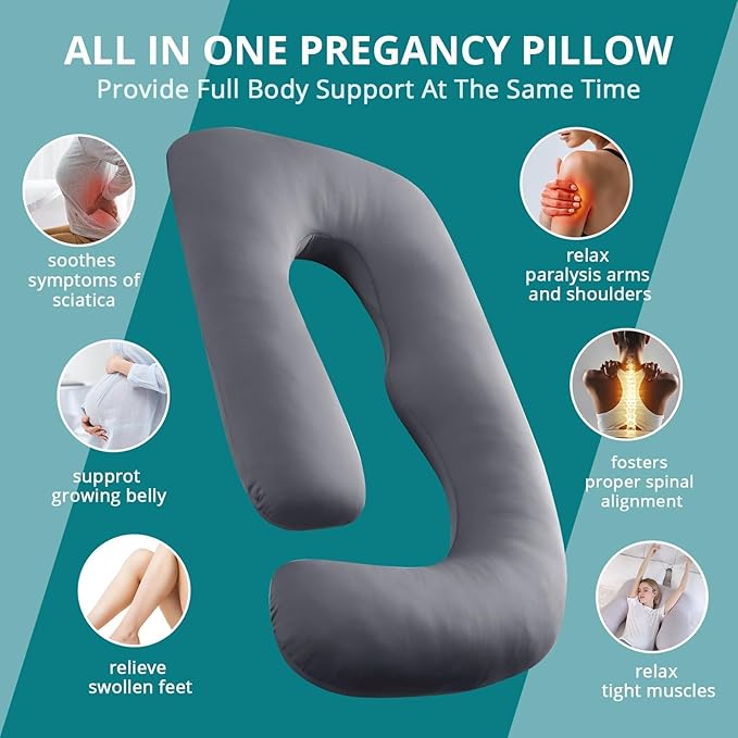 Pregnancy Pillows for Sleeping J-Shape Full Body Pillow and Maternity Support - for Back, HIPS, Legs, Belly for Pregnant Women with Removable Washable Velvet Cover (Grey)